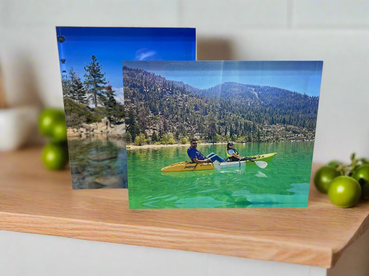 Free-standing 1 inch acrylic block on a desk