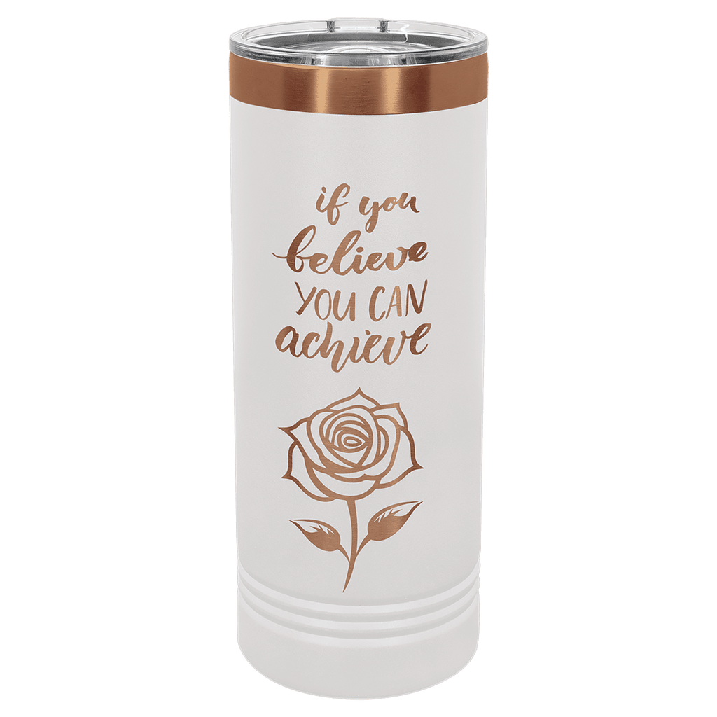 Custom Engraved 22oz Skinny Tumbler – Rose Gold Ion-Plated Stainless Steel — White
