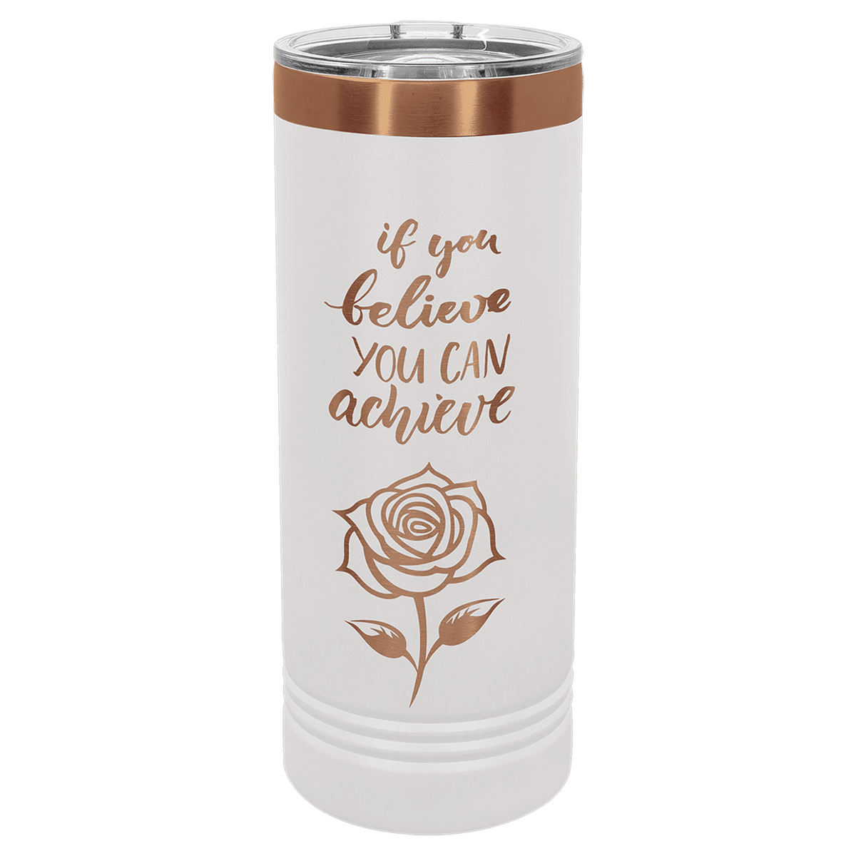 Custom Engraved 22oz Skinny Tumbler – Rose Gold Ion-Plated Stainless Steel — White