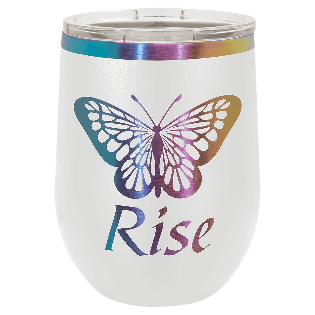 Custom Engraved 12oz Wine Tumbler – Prism Rainbow Ion-Plated Stainless Steel — White