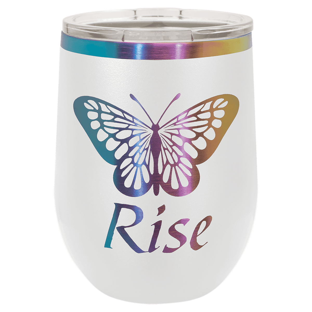 Custom Engraved 12oz Wine Tumbler – Prism Rainbow Ion-Plated Stainless Steel — White