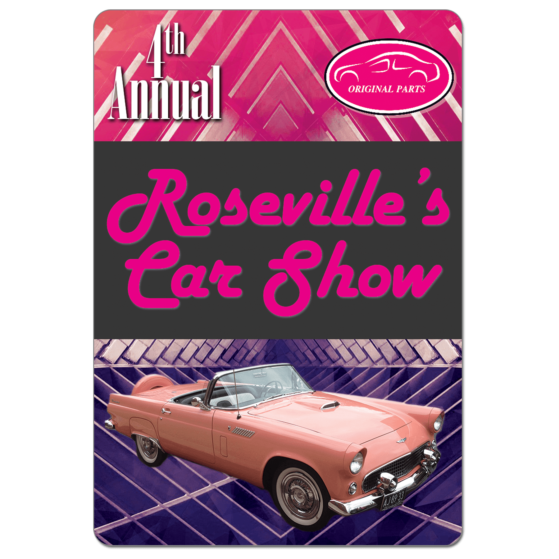 Full-color car show dash plaque printed on white aluminum