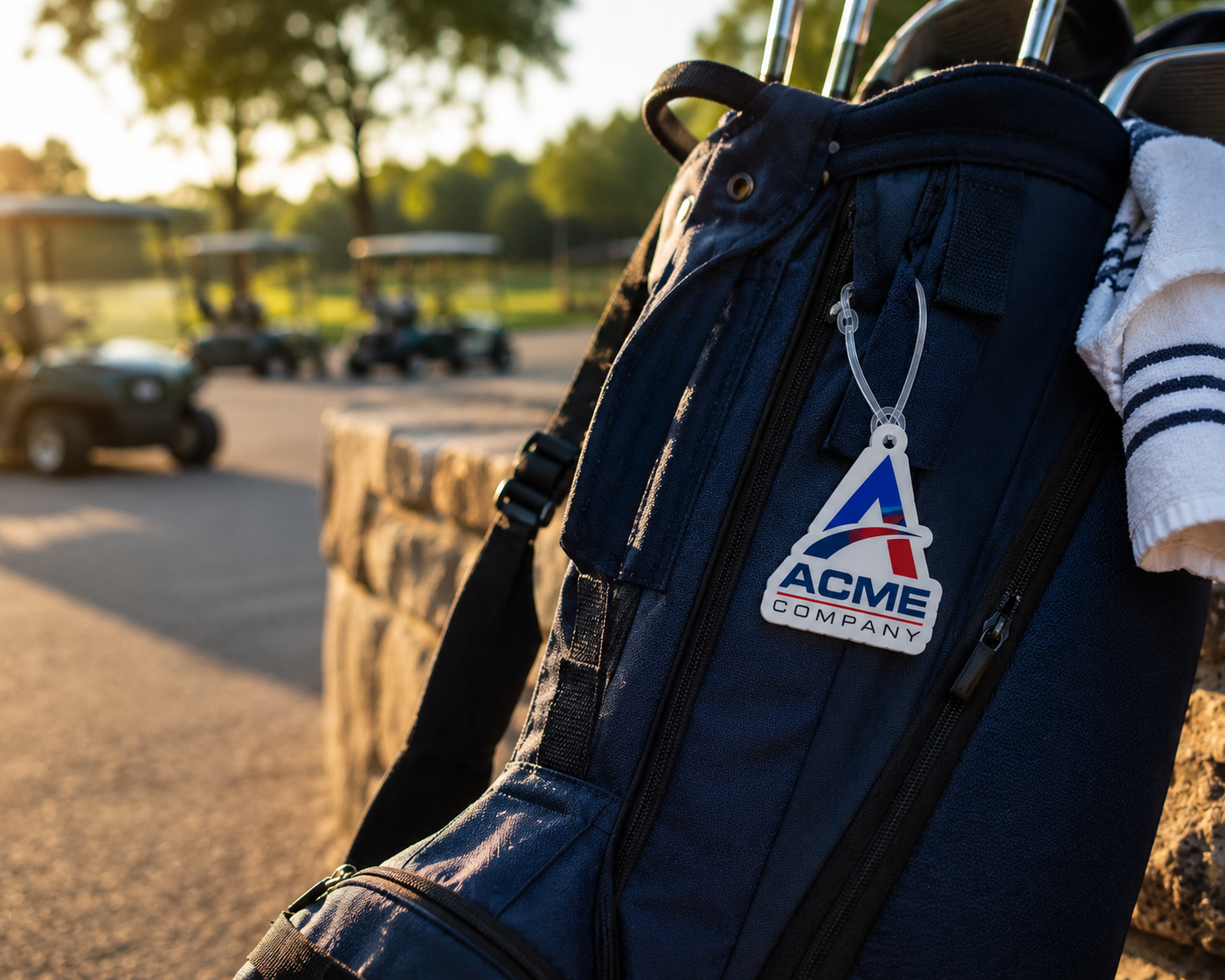 Custom acrylic bag charm — branded lifestyle photo