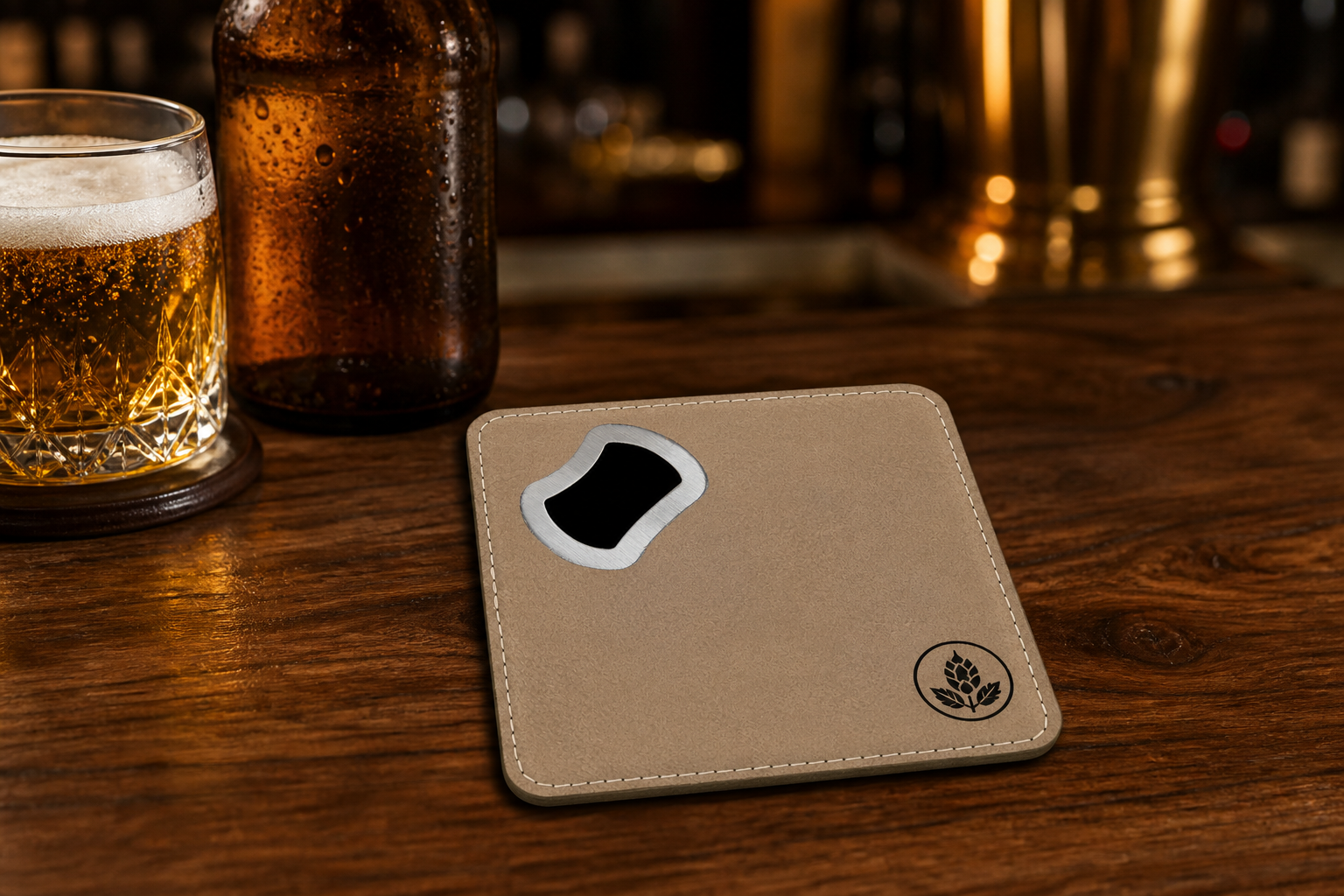 Leatherette bottle-opener coaster with logo on a bar top with beer