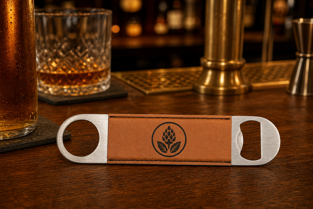 Leatherette bottle opener with logo on a bar top with beer and whiskey