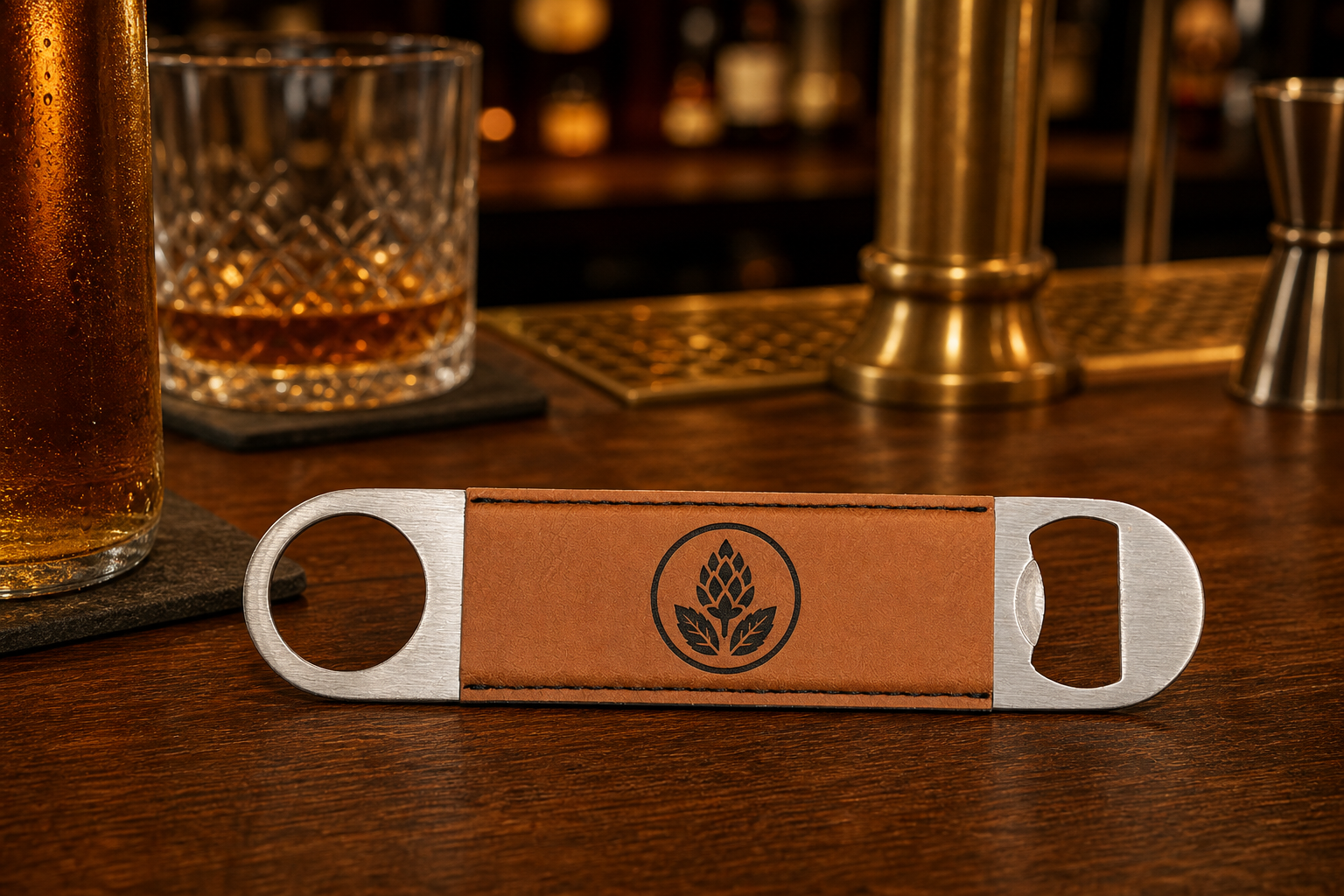 Leatherette bottle opener with logo on a bar top with beer and whiskey