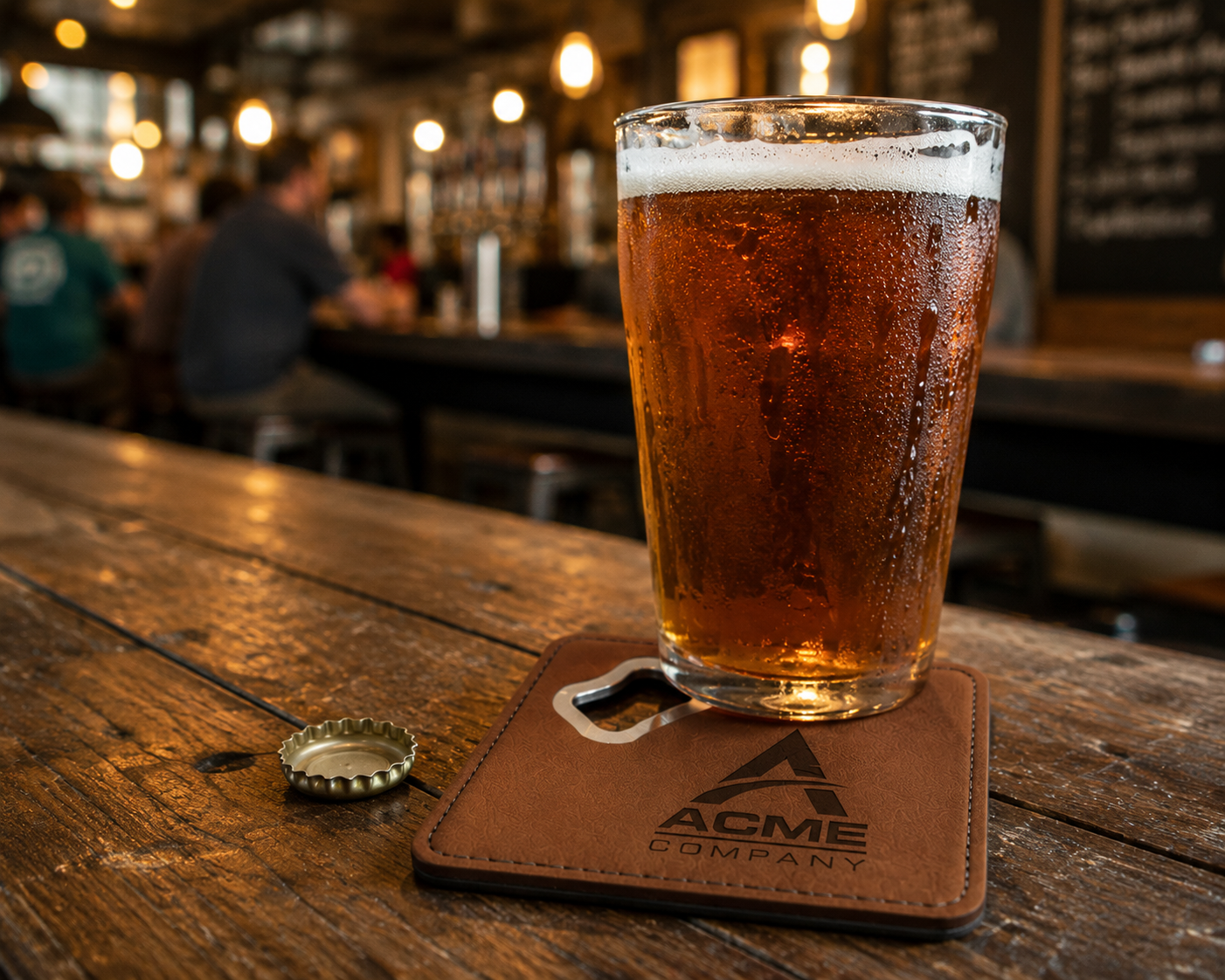 Custom leatherette bottle opener coaster — branded lifestyle photo