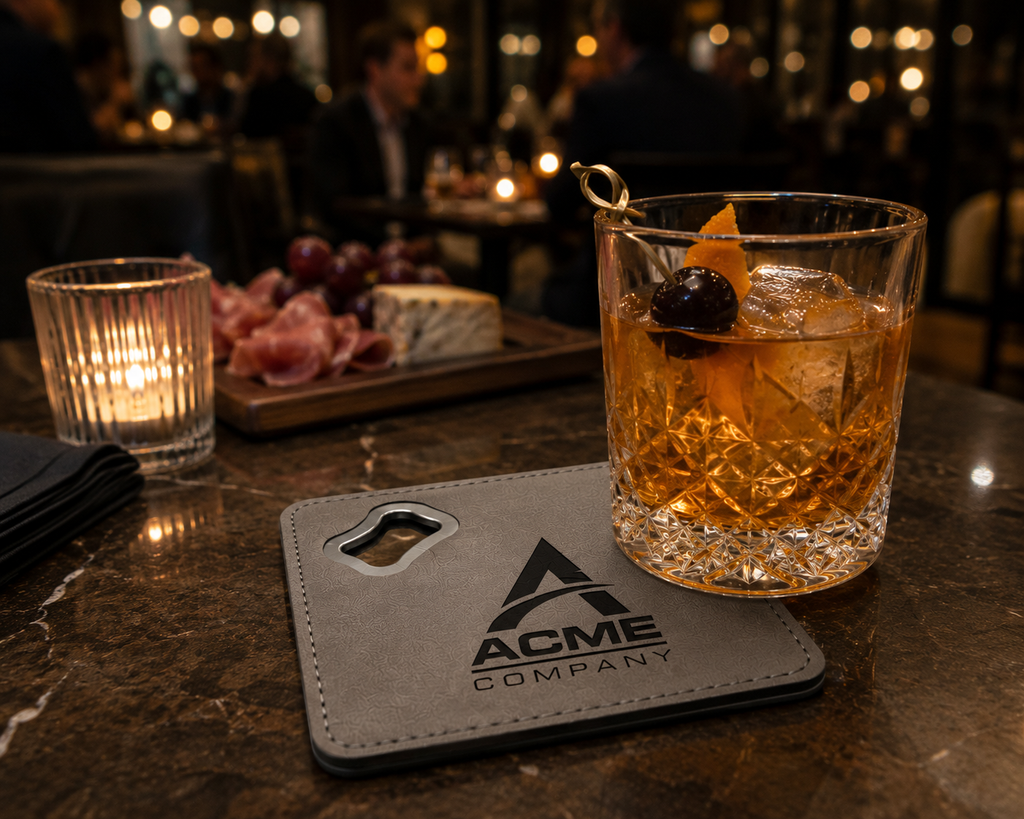 Custom leatherette bottle opener coaster — branded lifestyle photo