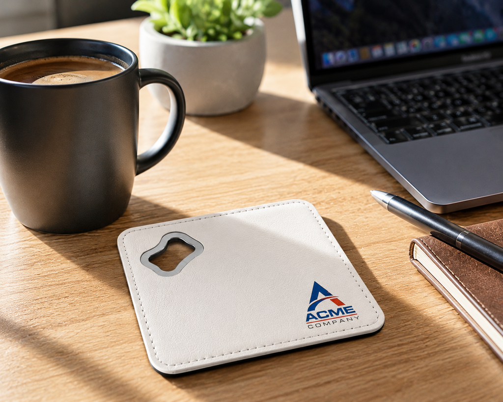 Custom leatherette bottle opener coaster — branded lifestyle photo