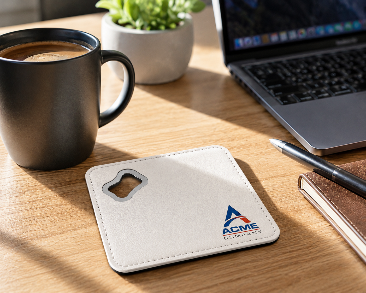 Custom leatherette bottle opener coaster — branded lifestyle photo
