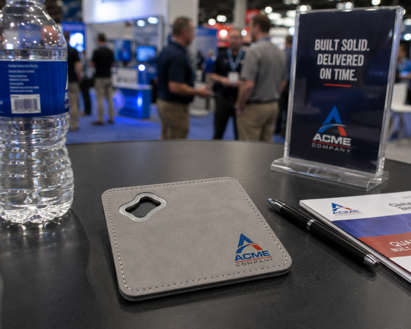 Custom leatherette bottle opener coaster — branded lifestyle photo