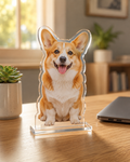 Custom acrylic photo standee of a corgi with slotted base on a desk