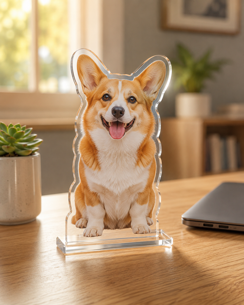 Custom acrylic photo standee of a corgi with slotted base on a desk