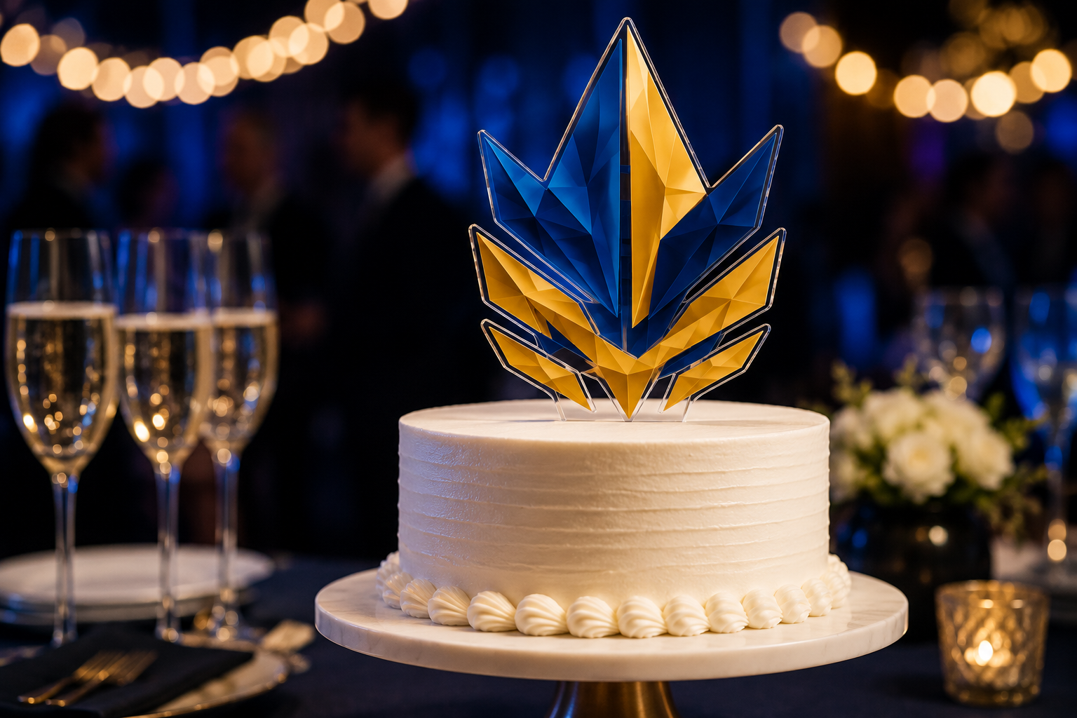 Full-color acrylic logo cake topper at a corporate event