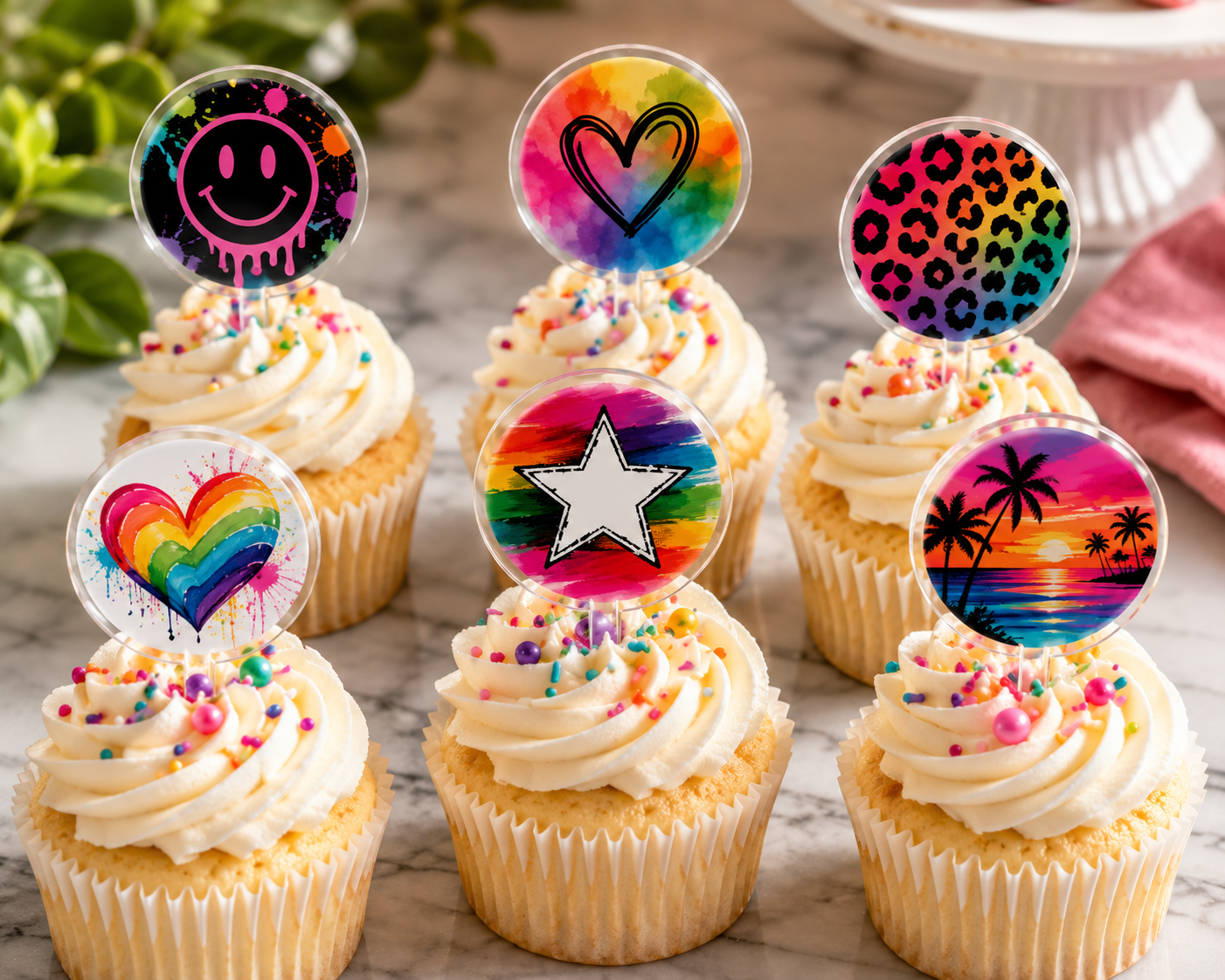 Acrylic cupcake toppers with colorful designs, set of 12