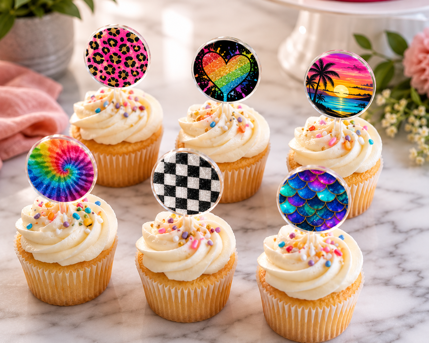 Glitter-design acrylic cupcake toppers on frosted cupcakes