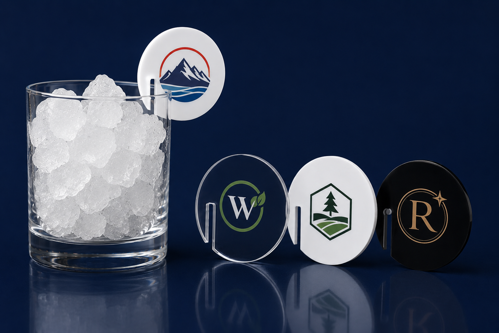 Custom UV-printed acrylic drink tags with corporate logos in clear stands around an iced rocks glass on a navy backdrop