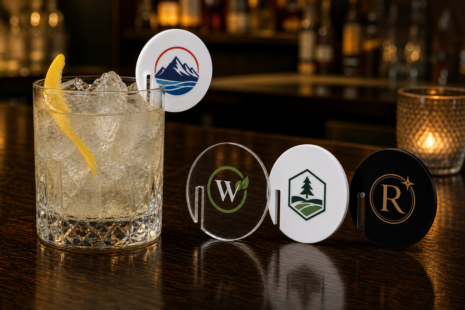Custom logo acrylic drink tags in clear, white, and black on a bar, one clipped to a cocktail glass