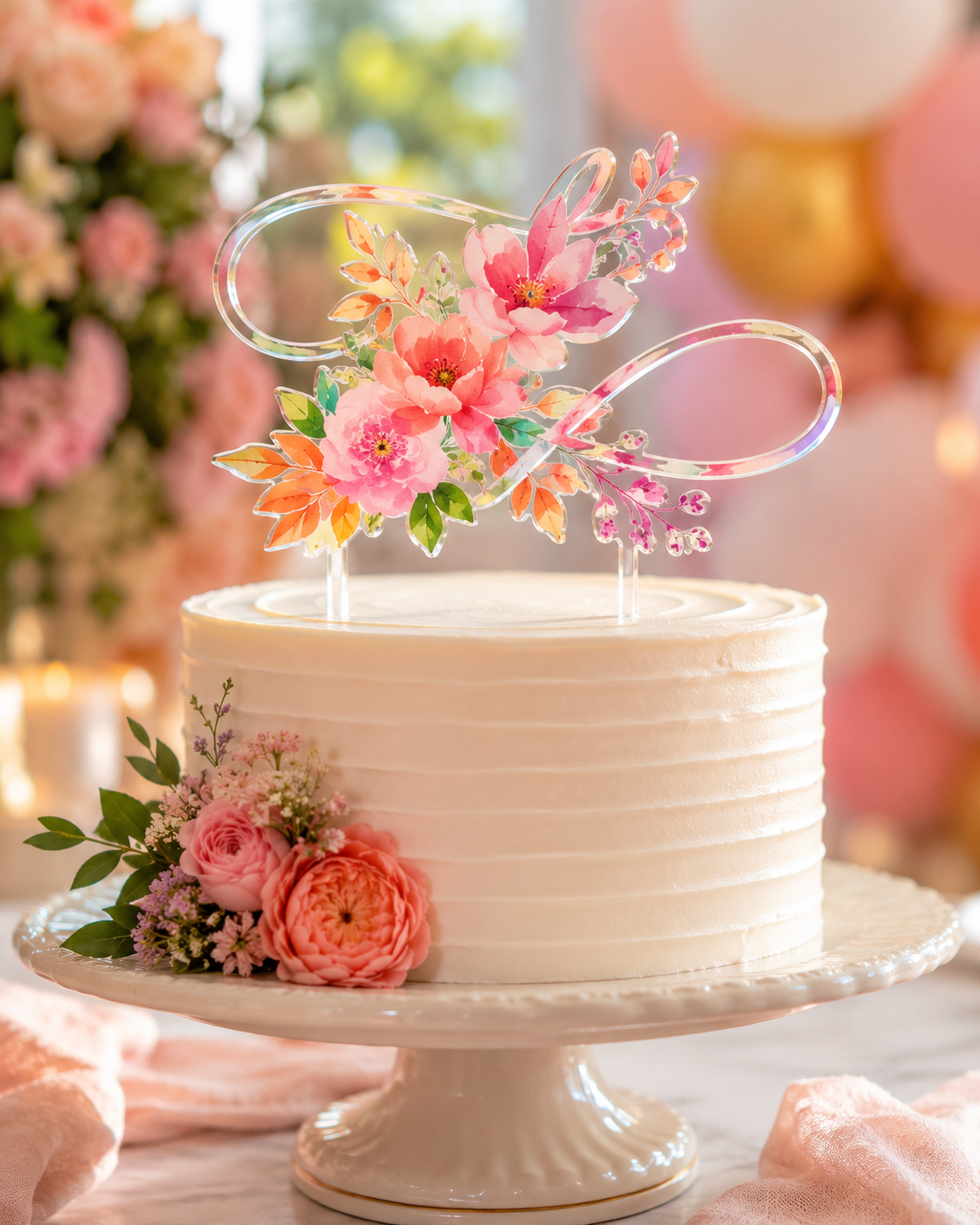 Full-color floral acrylic cake topper on a wedding cake