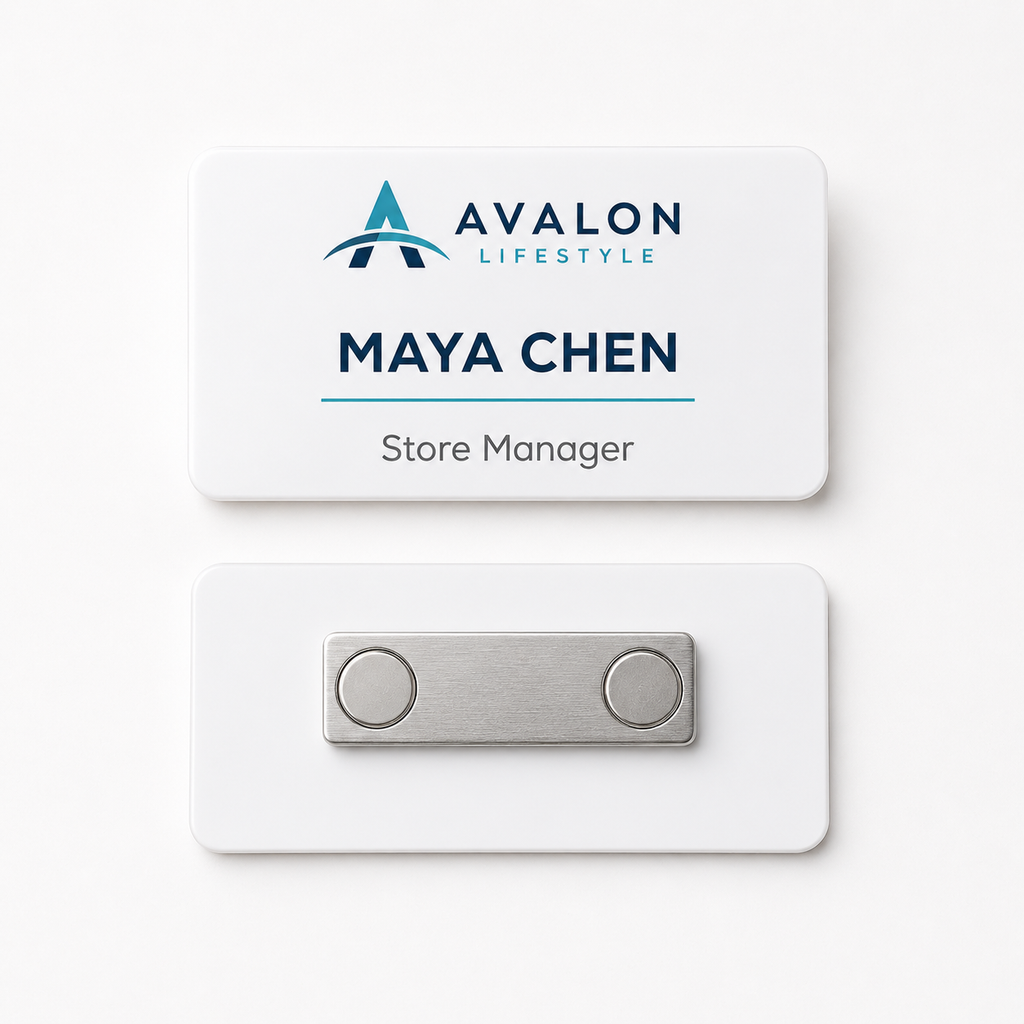 White acrylic name badge front and back showing the two-post magnetic bar backing