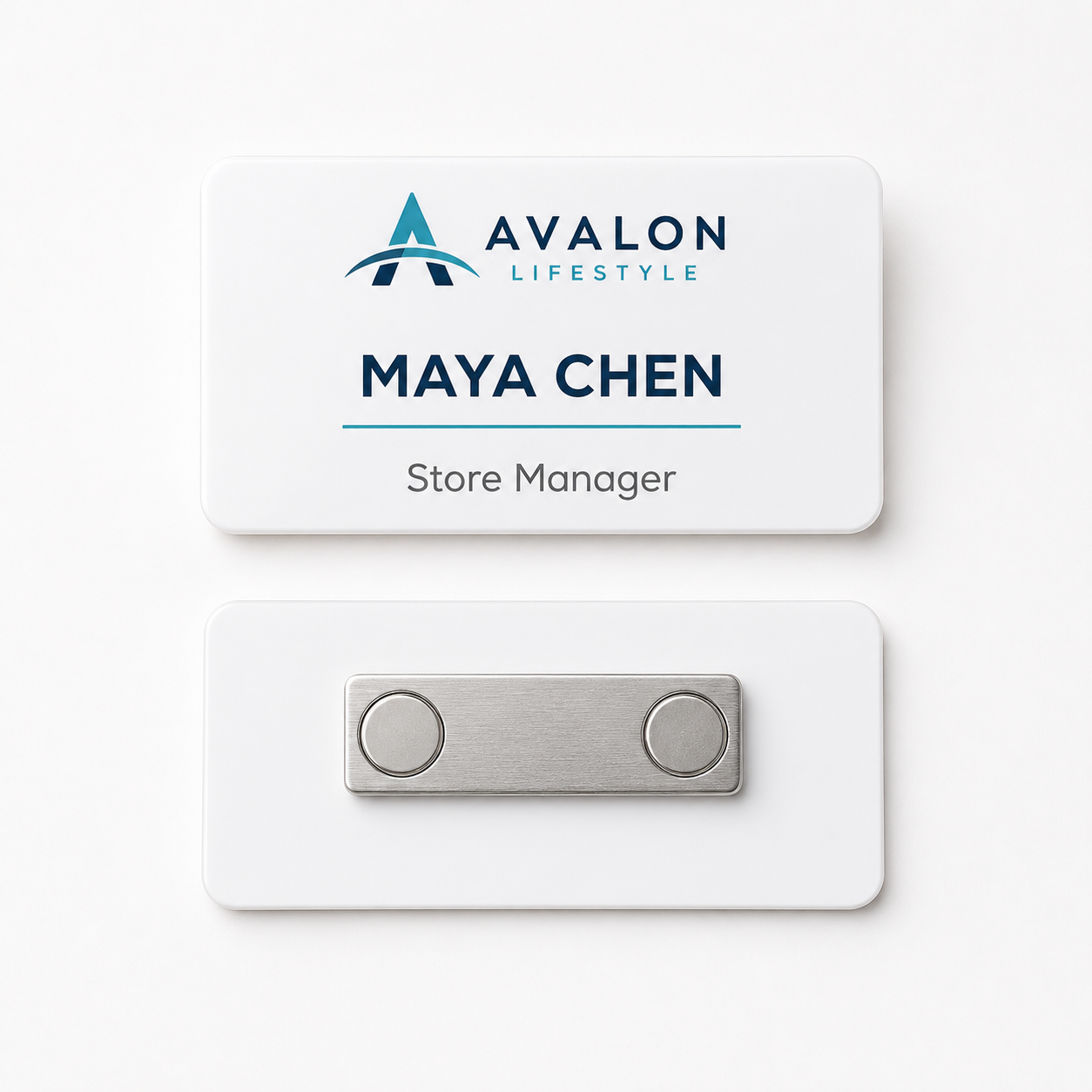 White acrylic name badge front and back showing the two-post magnetic bar backing