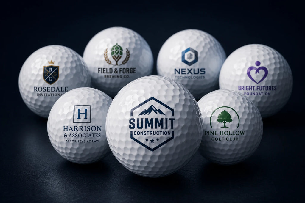 Seven custom UV-printed golf balls with corporate logos on a navy backdrop
