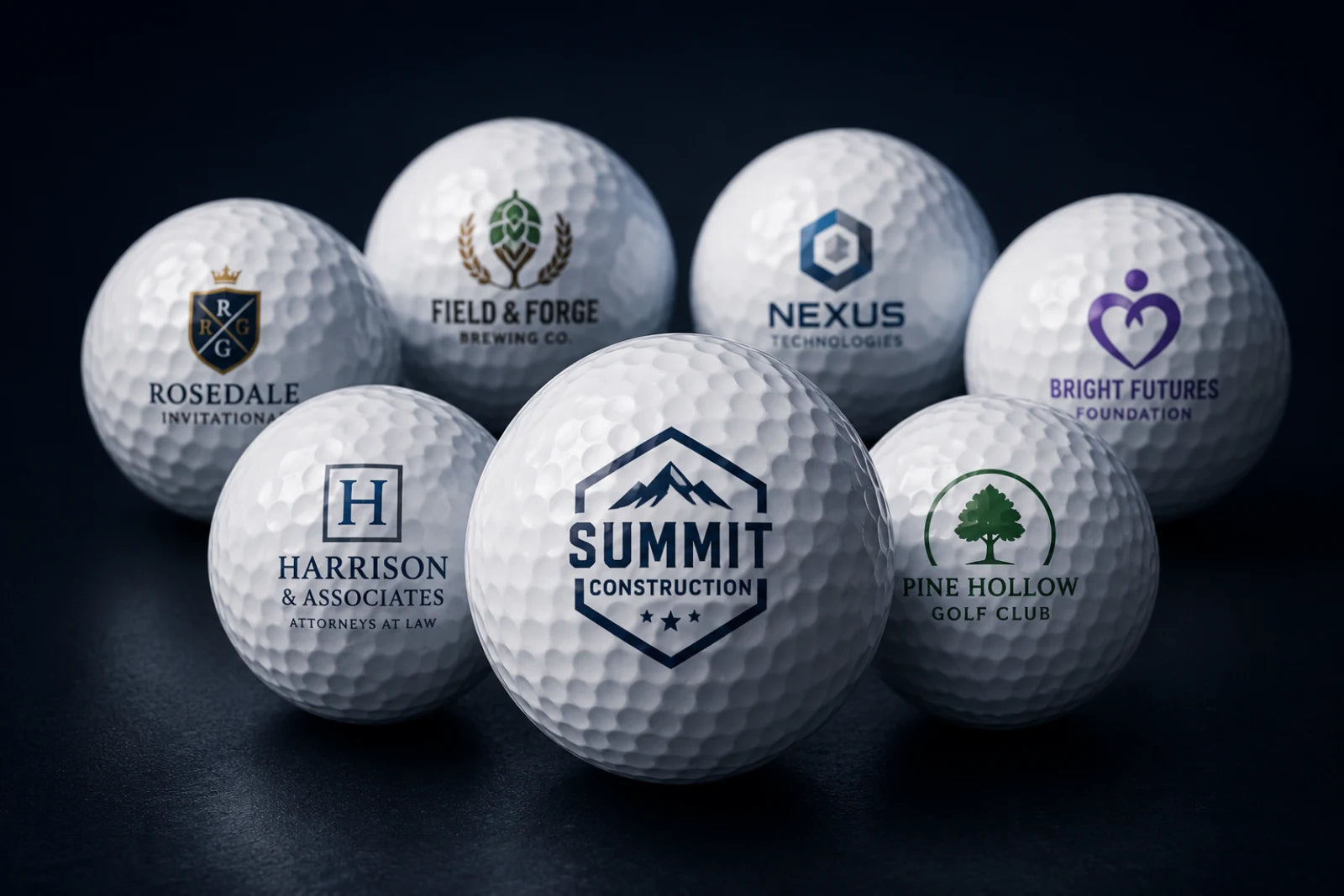 Seven custom UV-printed golf balls with corporate logos on a navy backdrop