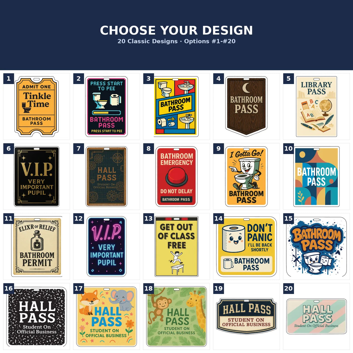 Bathroom / hall pass designs, options 1-20