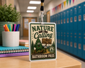 Acrylic student bathroom pass on a lanyard, funny nature design, in a school hallway with lockers