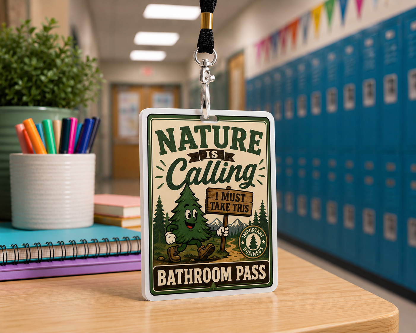 Acrylic student bathroom pass on a lanyard, funny nature design, in a school hallway with lockers