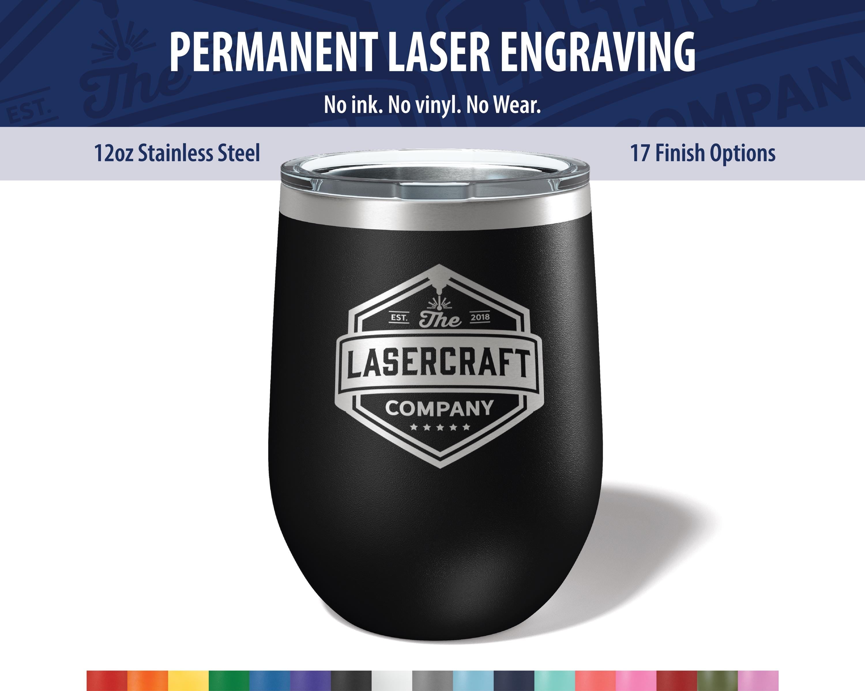 a black stainless steel tumbler with a white and silver logo on it.