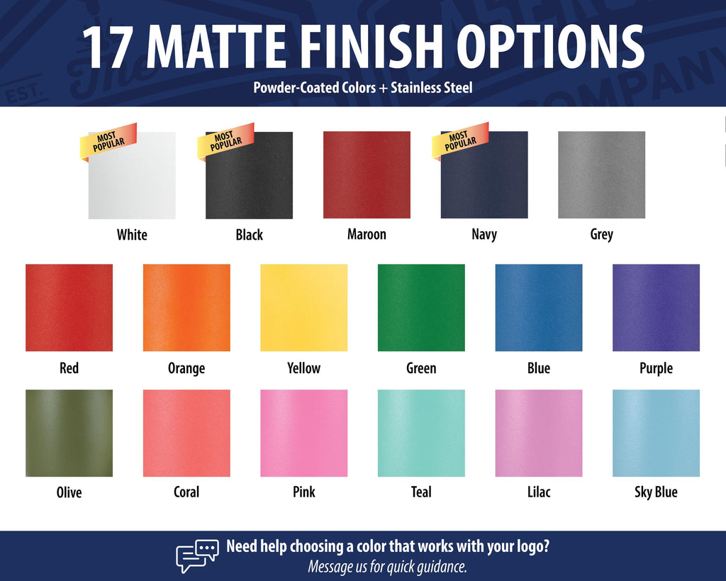 a collection of 17 different colored powder-coated finish options for a stainless steel surface, including white, black, maroon, navy, grey, orange, yellow, green, blue, purple, olive, coral, pink, teal, lilac, and sky blue.
