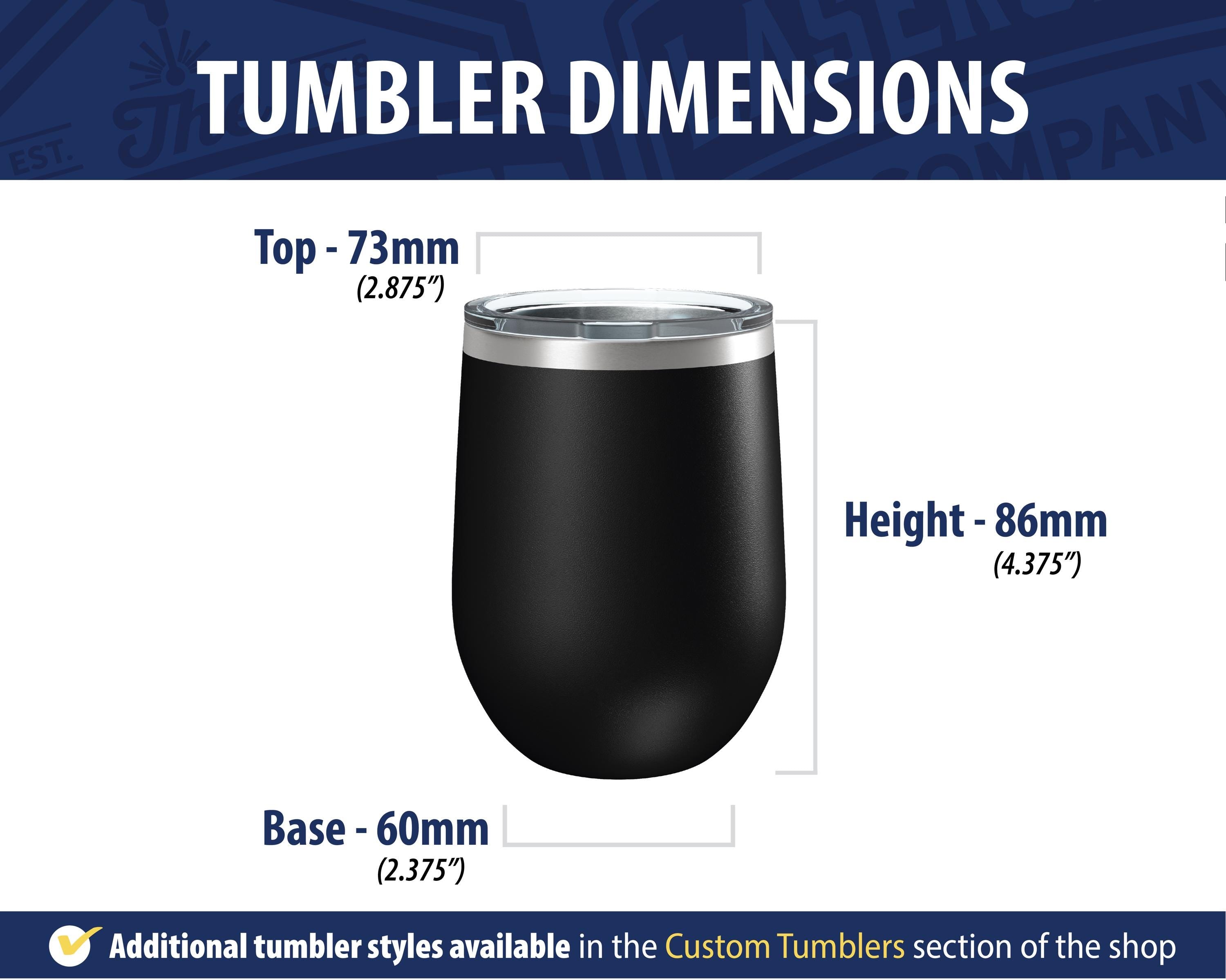 The image provides dimensions and features of a black tumbler, including the top, height, base, and additional styles available in the Custom Tumblers section of the shop.