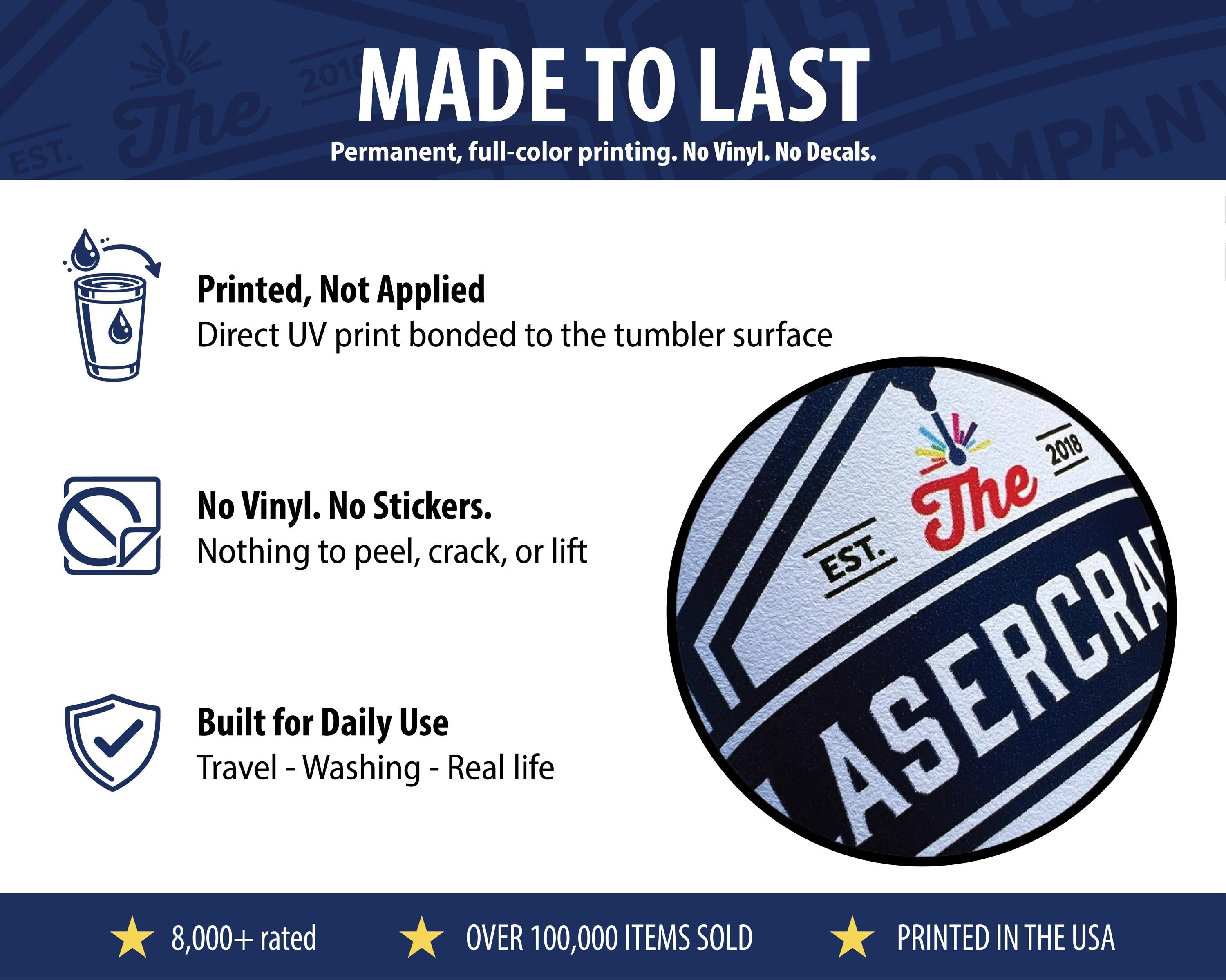 The image is a promotional graphic for a product called "The Asercra" that emphasizes its durability and long-lasting nature. It features a close-up of the product, highlighting its features such as being printed, not applied, and being built for daily use. The graphic also mentions that it is permanent, full-color printing, and does not include vinyl or decals. The image includes a star symbol indicating its popularity and over 100,000 items sold.