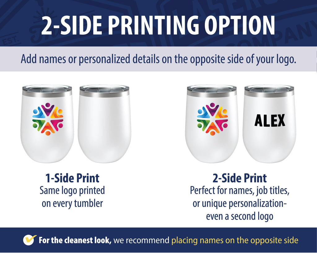 The image is a 2-sided printing option guide for customizing tumblers. It provides instructions on how to add names or personalized details on the opposite side of the logo, with a focus on the cleanest look.