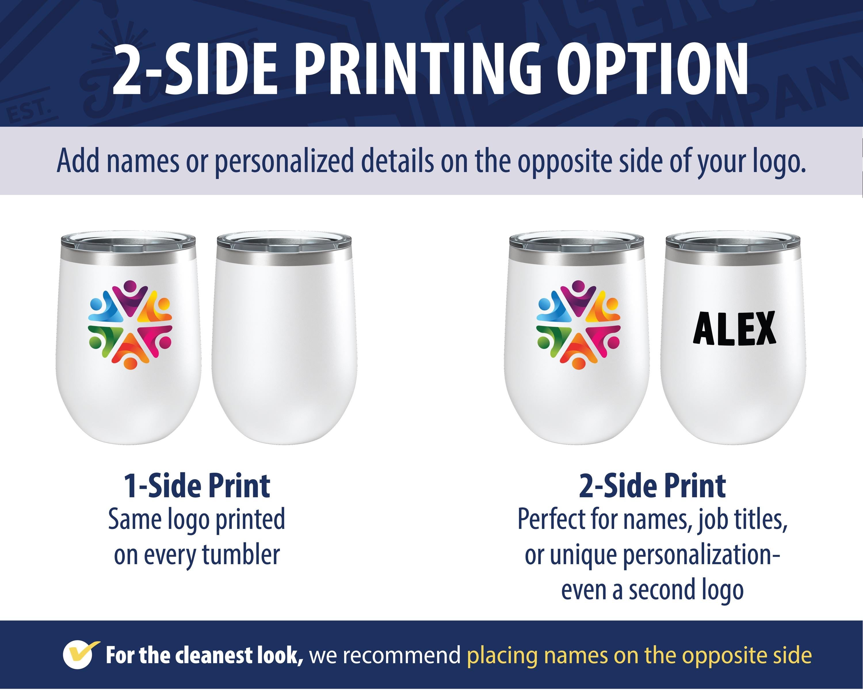 The image is a 2-sided printing option guide for customizing tumblers. It provides instructions on how to add names or personalized details on the opposite side of the logo, with a focus on the cleanest look.