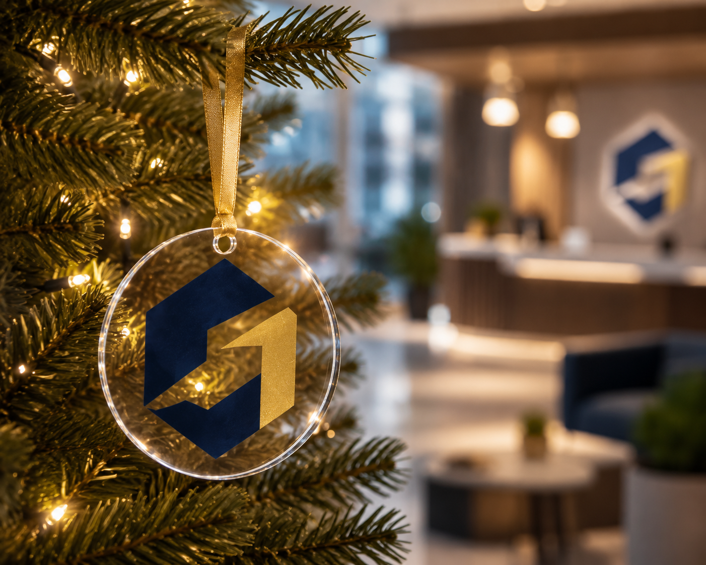 Corporate logo ornament on an office lobby Christmas tree