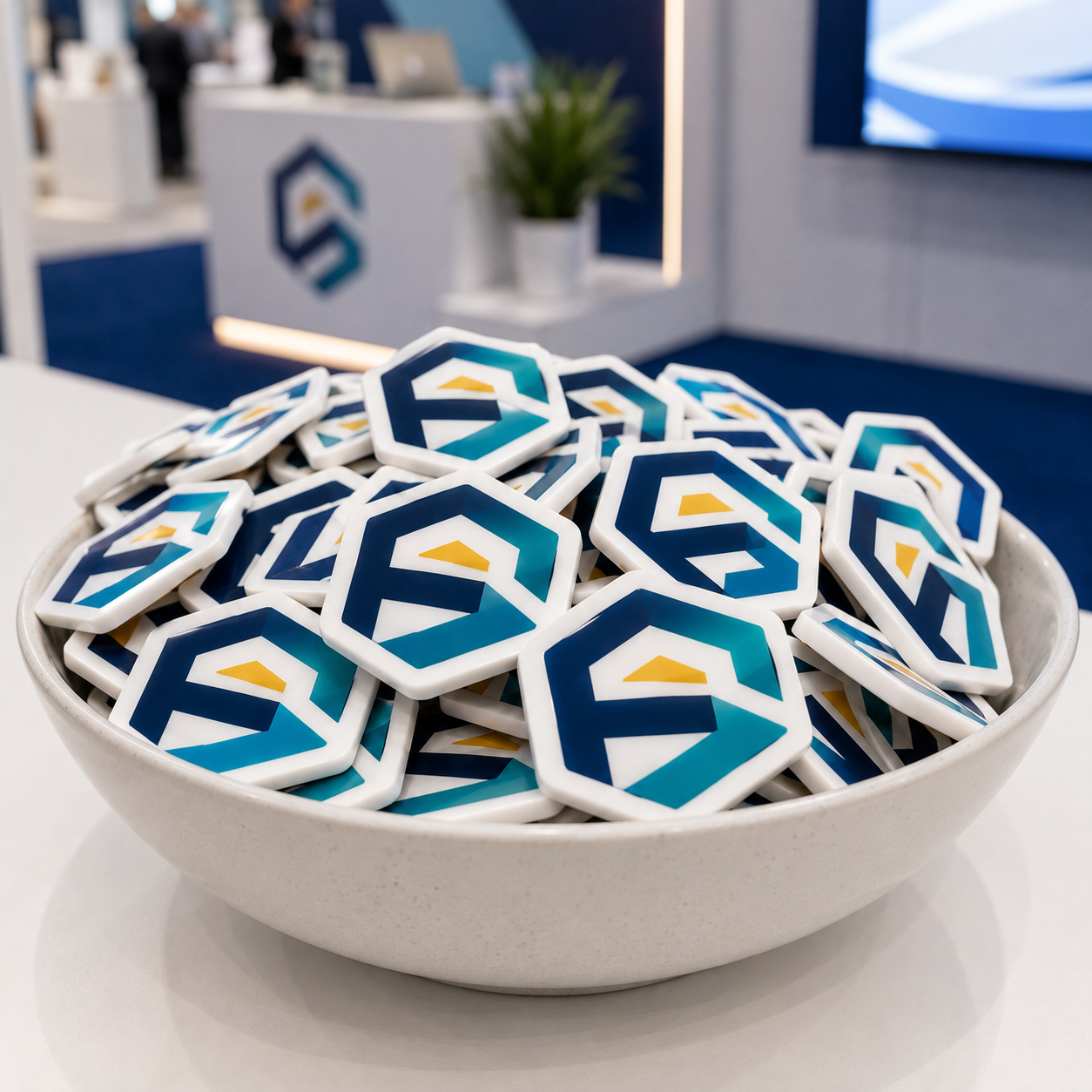 Bowl of die-cut white acrylic logo magnets at a trade-show booth