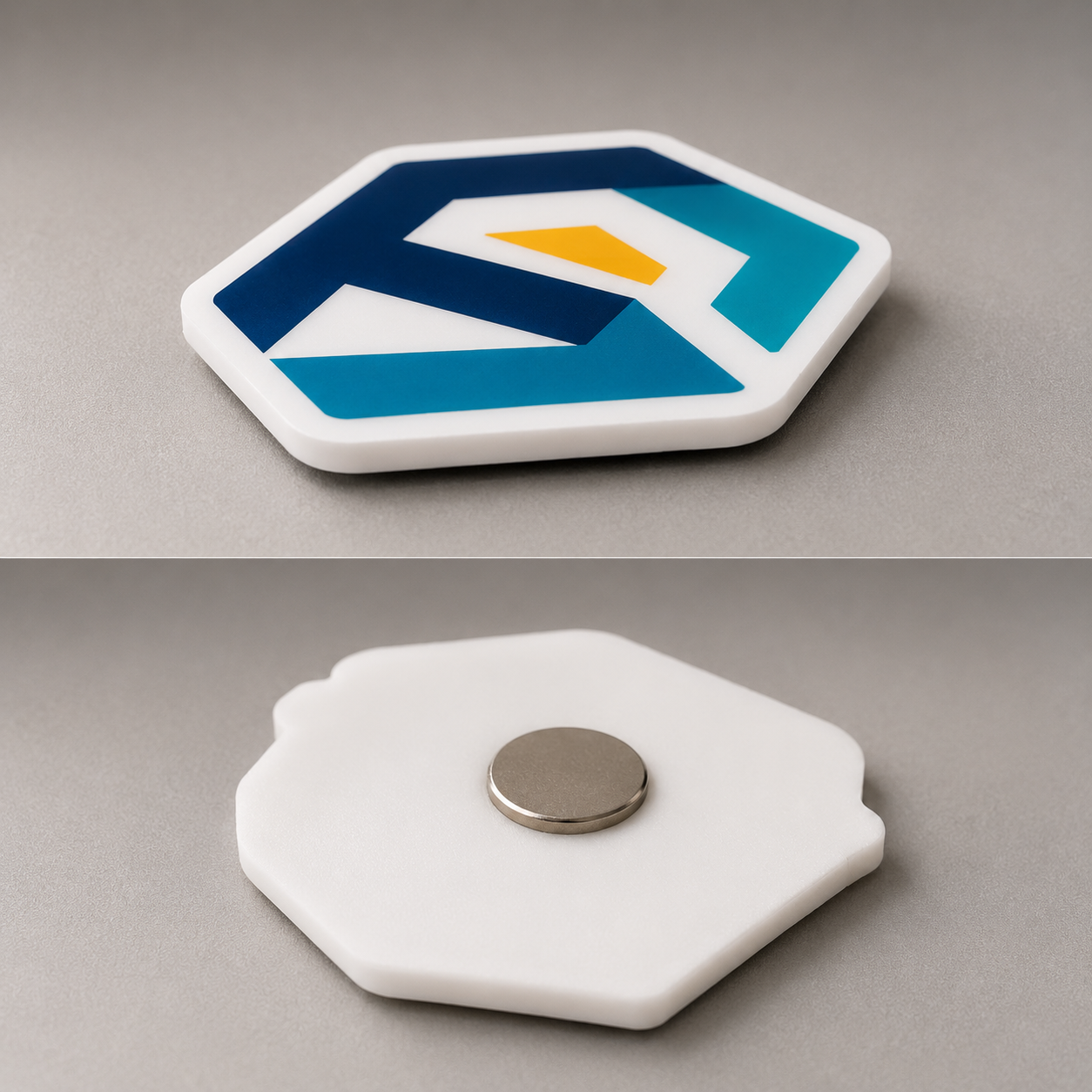 Front and back of a white acrylic logo magnet showing flush UV print and rare-earth magnet on the back