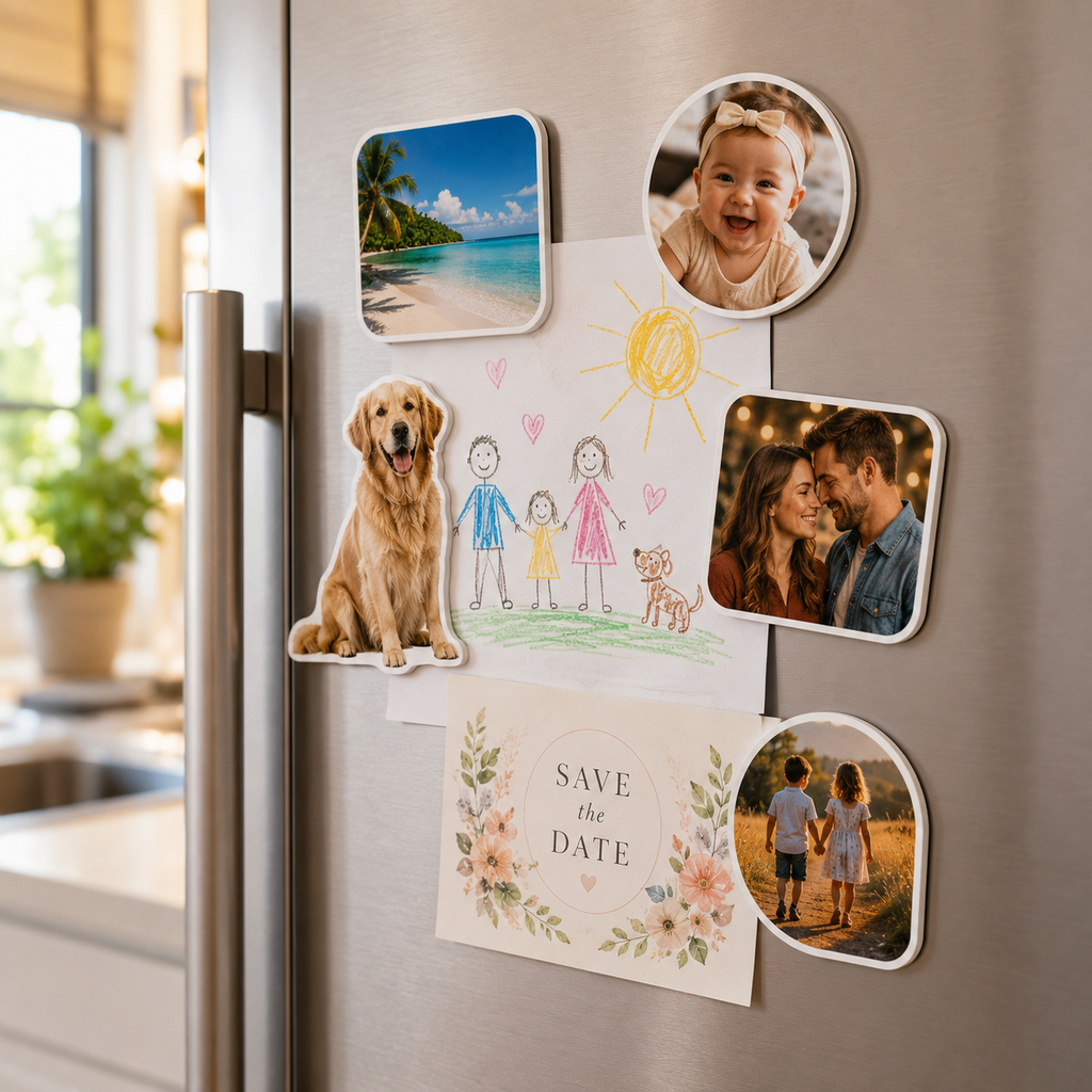 White acrylic photo magnets and a save-the-date on a home refrigerator