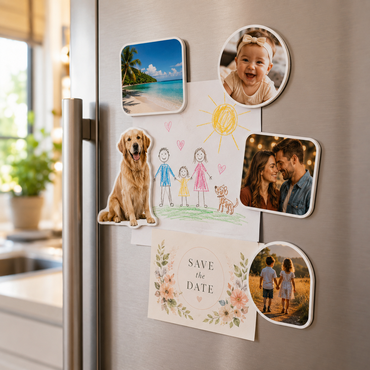 White acrylic photo magnets and a save-the-date on a home refrigerator