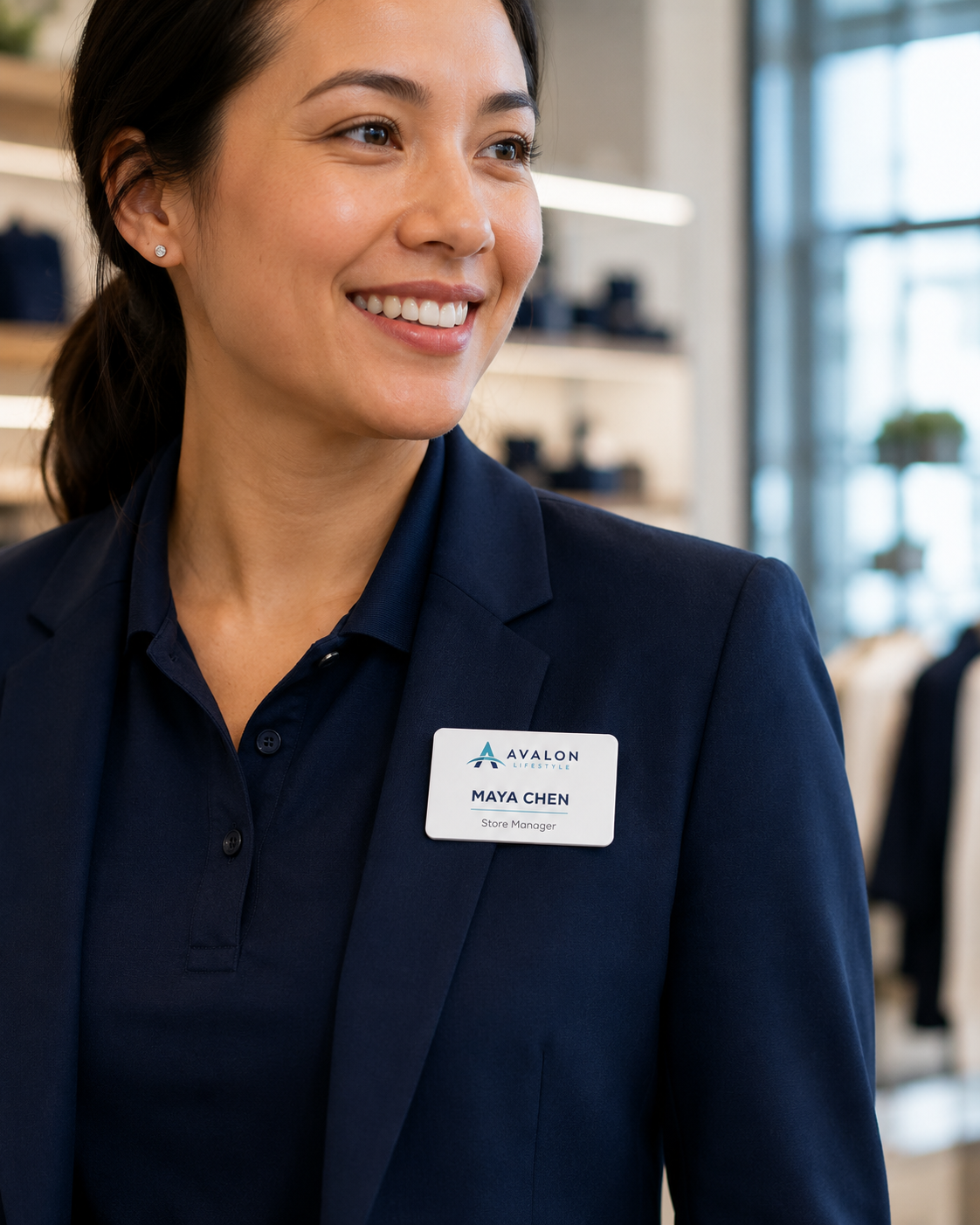 White acrylic magnetic name badge worn on a navy blazer by a smiling retail store manager