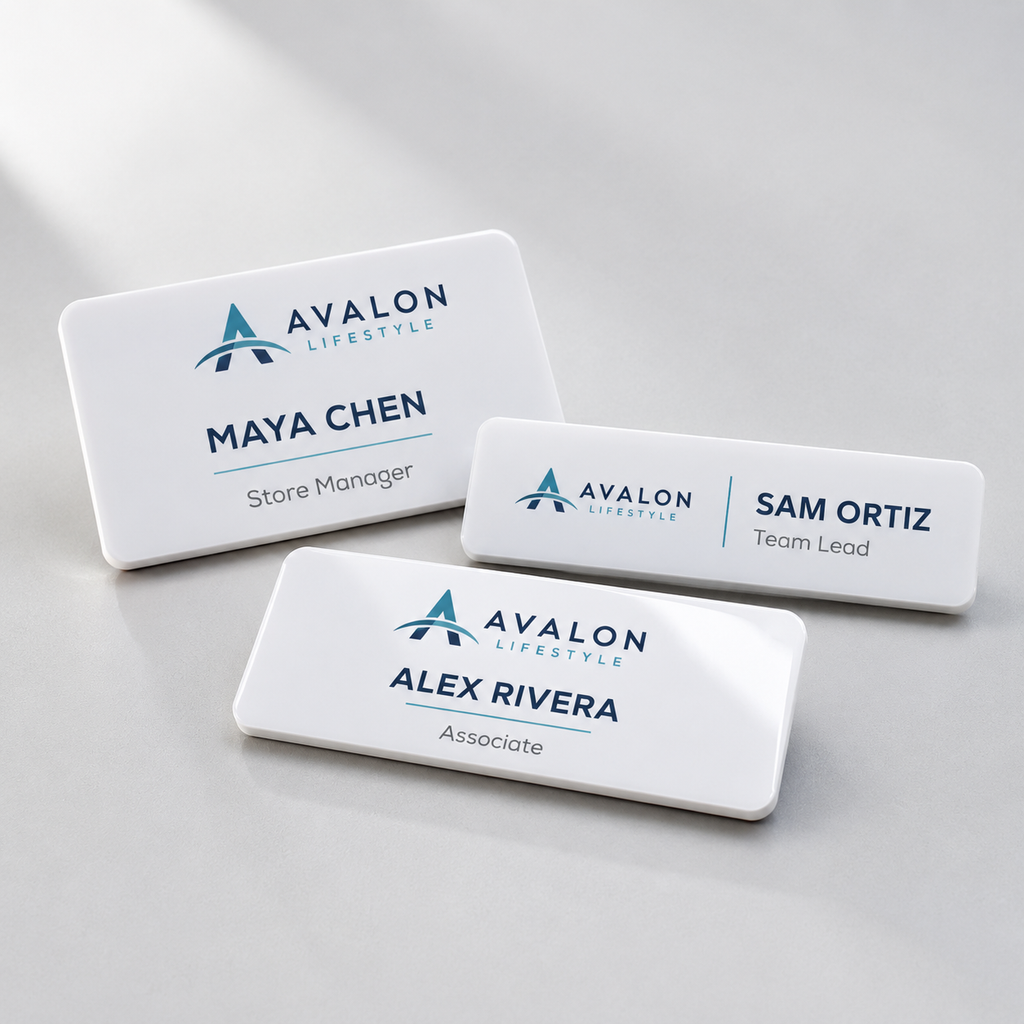 Three white acrylic name badges in Standard, Slim and Executive sizes with full-color logo, names and titles