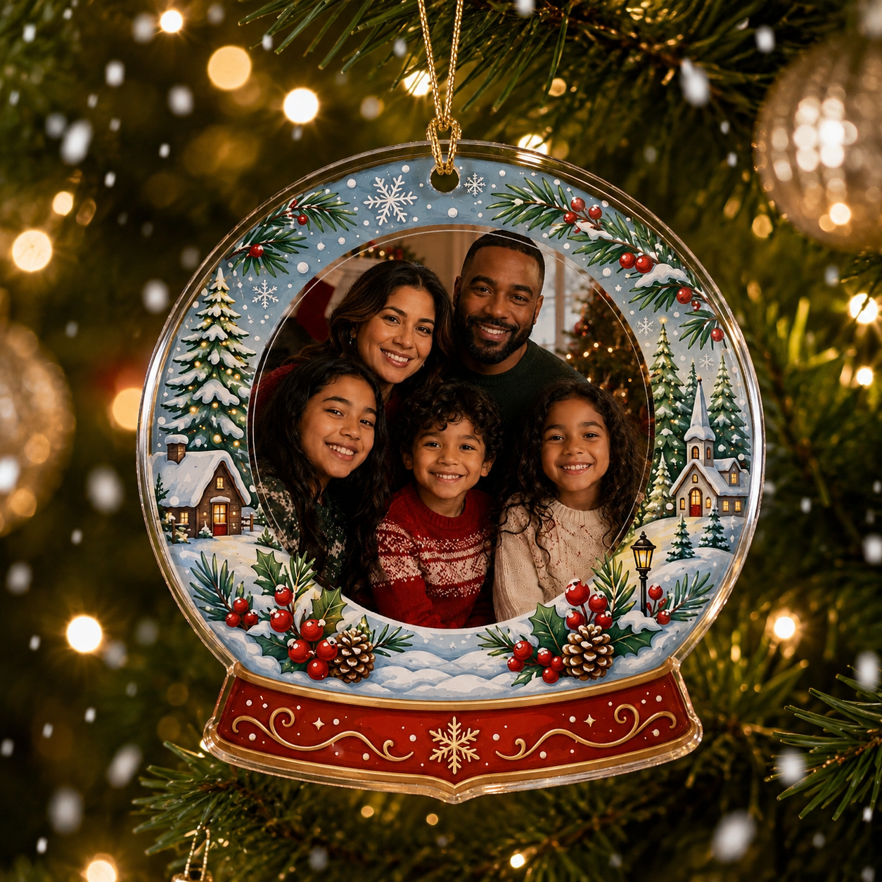 Personalized family photo in a snow-globe Christmas ornament frame