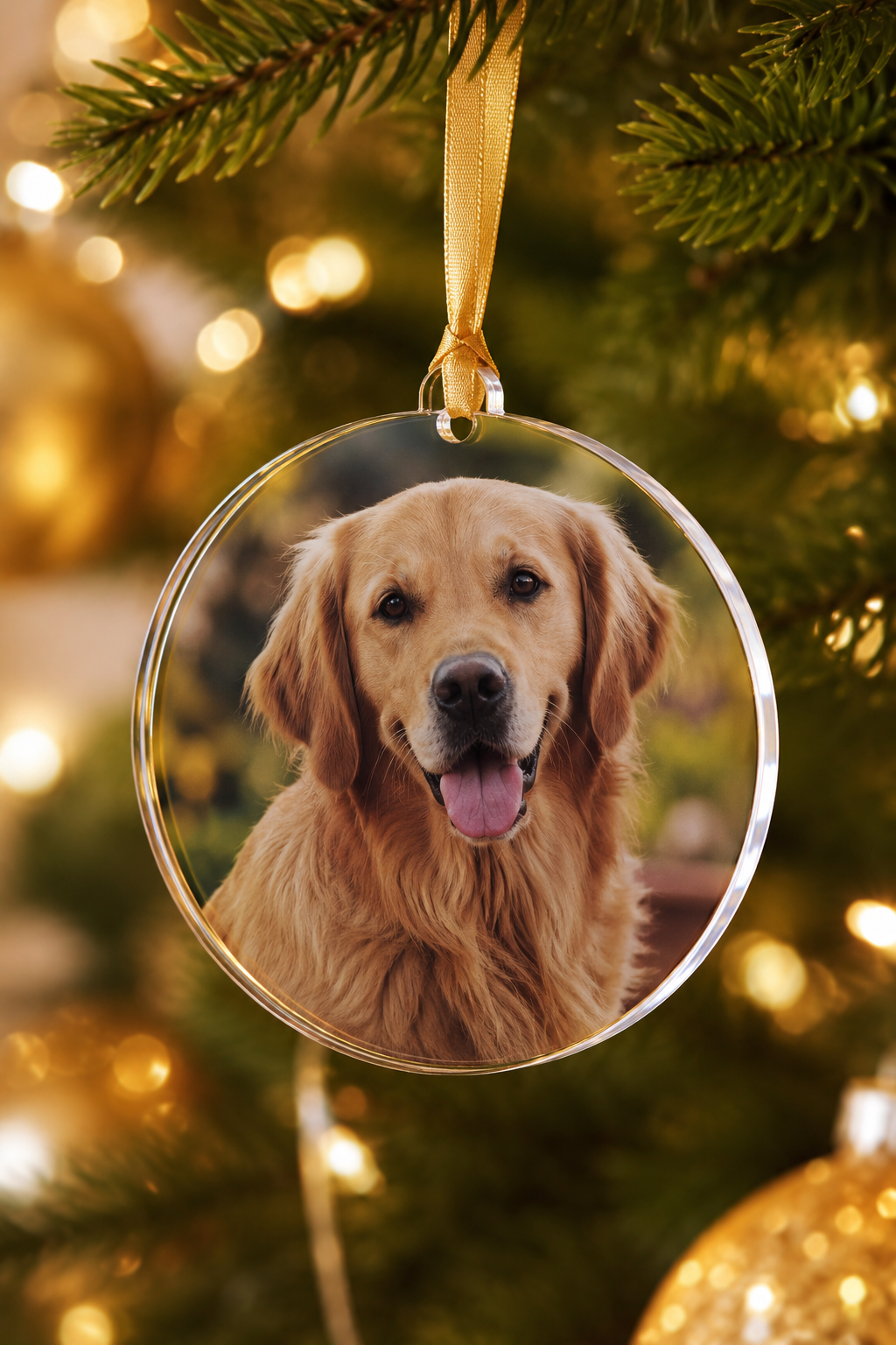 Custom photo ornament of a golden retriever hanging on a Christmas tree
