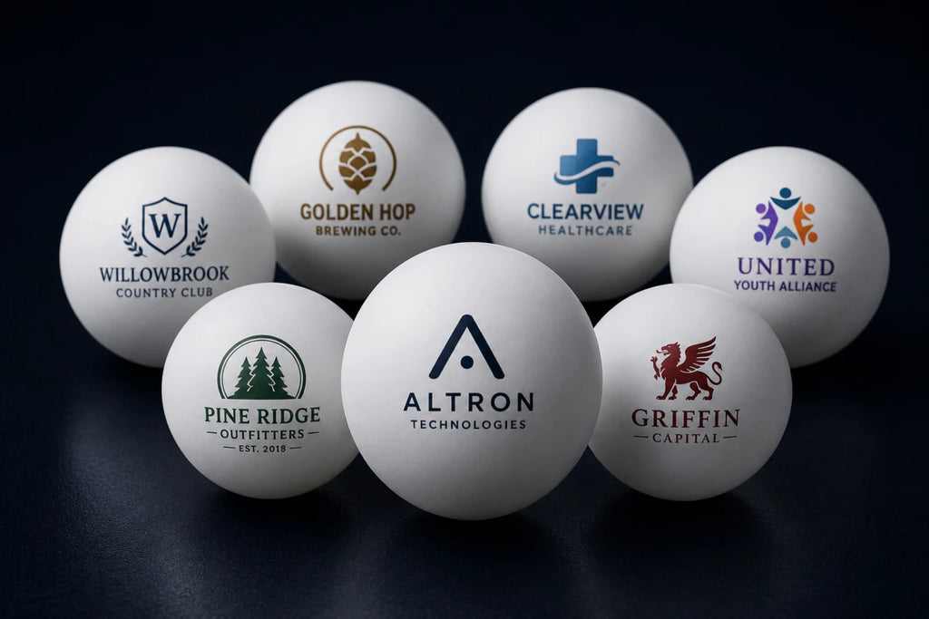 Seven custom UV-printed ping pong balls with corporate logos on a navy backdrop