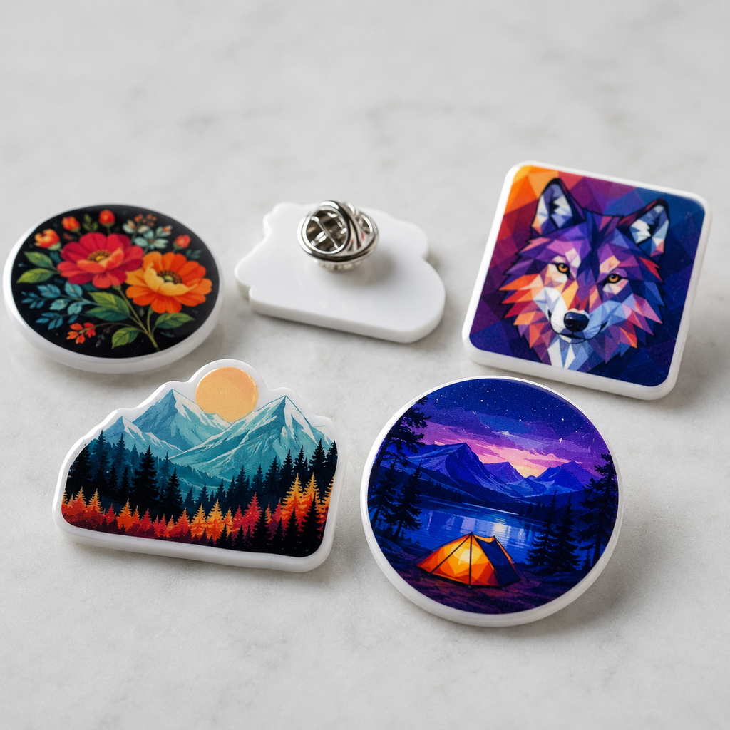 Set of custom white acrylic lapel pins in contour, round, and square shapes with pin backs