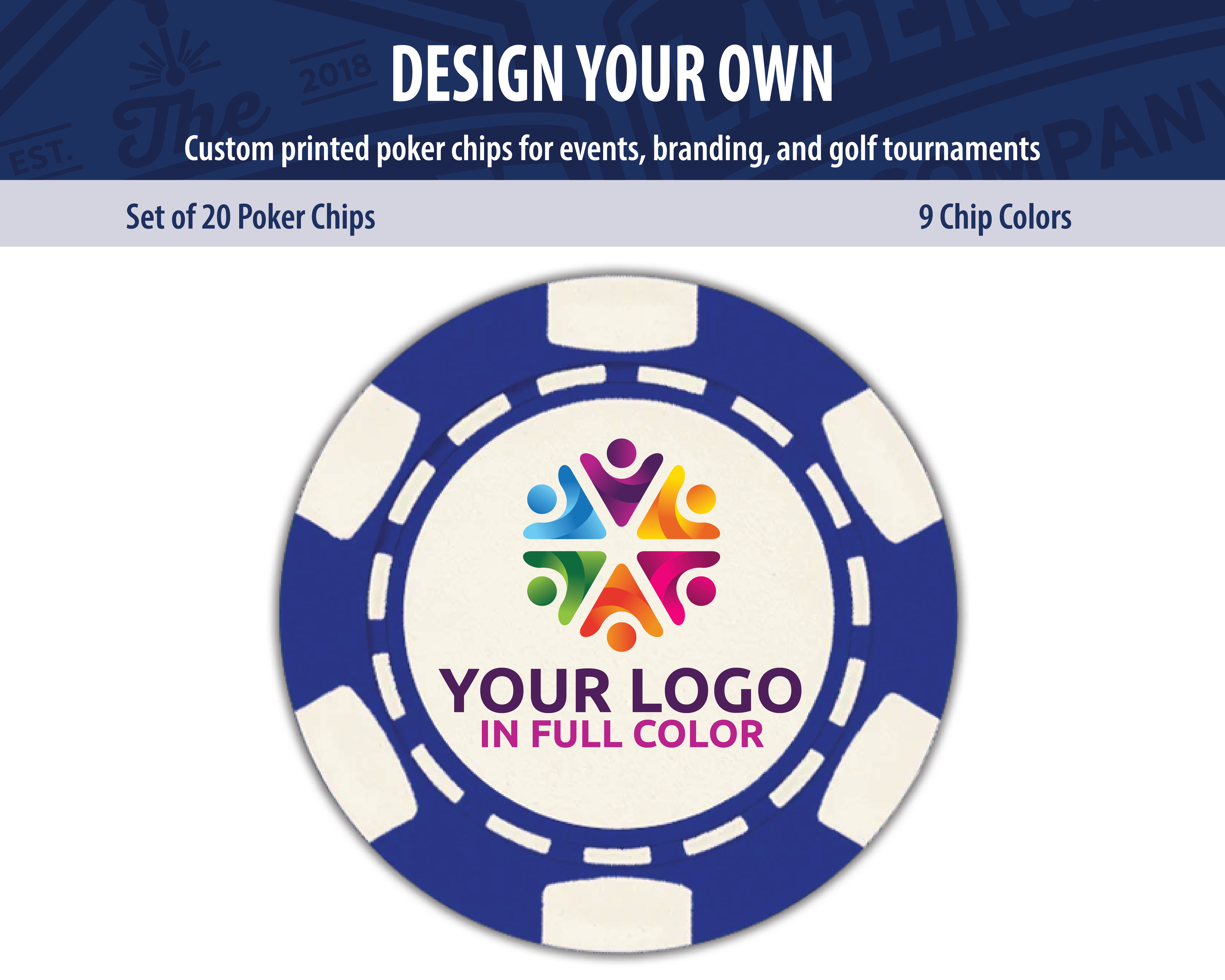 Custom 6-stripe poker chips with full-color UV printing