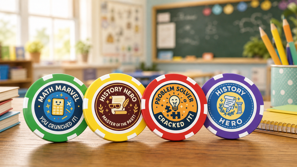 Colorful acrylic classroom reward tokens (Math Marvel, History Hero, Problem Solver) on a teacher's desk