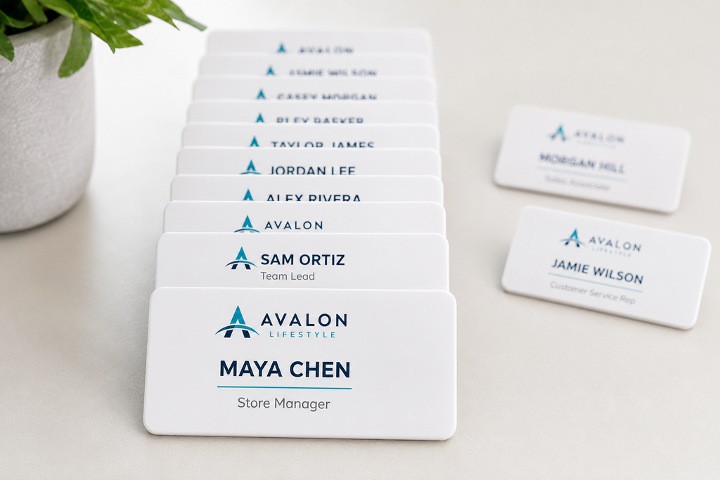 A team set of white acrylic name badges personalized with different names, fanned in list order
